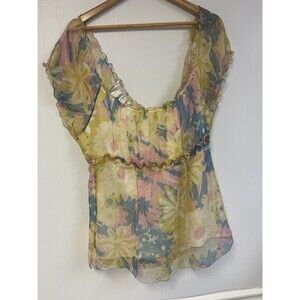MAX STUDIO Floral SILK PEASANT BOHO FLUTTER SLEEVE TOP BLOUSE Beaded Cottagecore